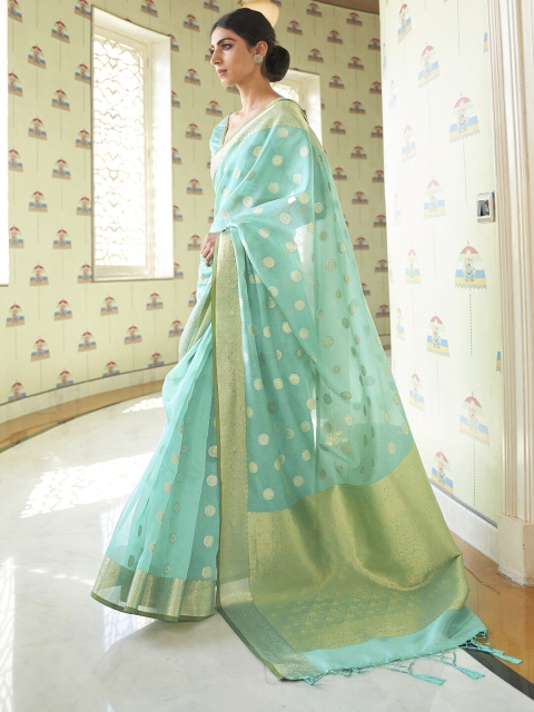 

Mitera Sea Green & Gold-Toned Ethnic Motifs Zari Banarasi Saree