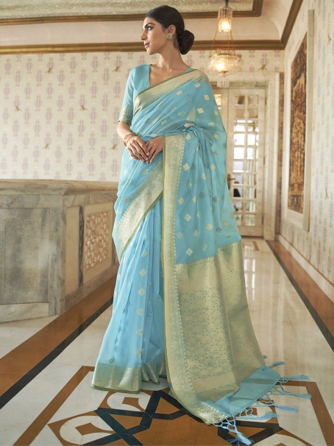 

Mitera Turquoise Blue & Gold-Toned Ethnic Motifs Zari Banarasi Saree