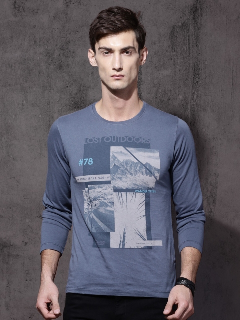 

Roadster Men Blue Printed Round Neck T-shirt