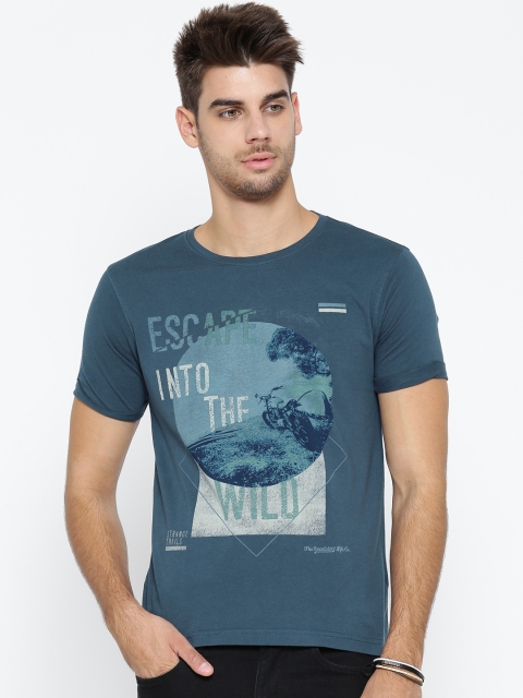 

Roadster Men Teal Blue Printed Round Neck T-shirt