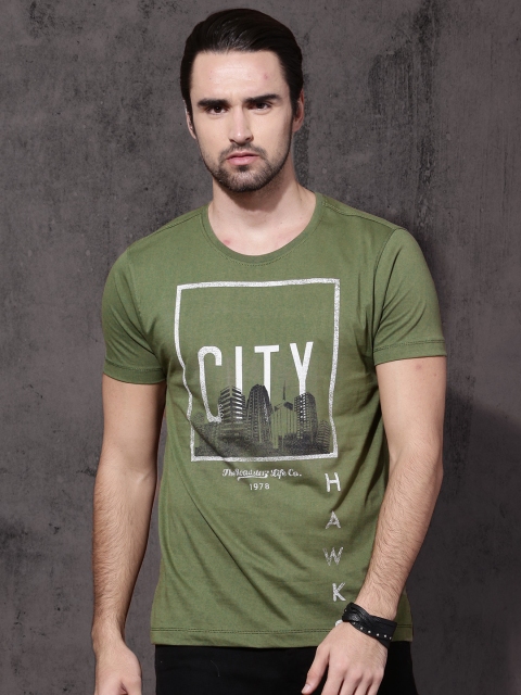 

Roadster Men Olive Green Printed Round Neck T-shirt