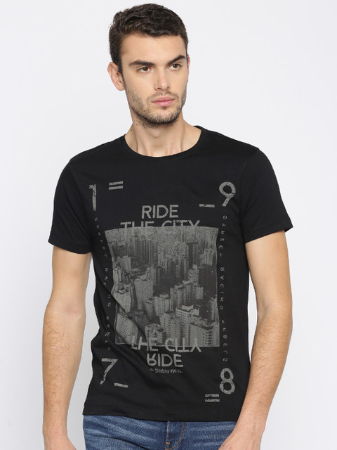 

Roadster Men Black Printed Round Neck Pure Cotton T-shirt
