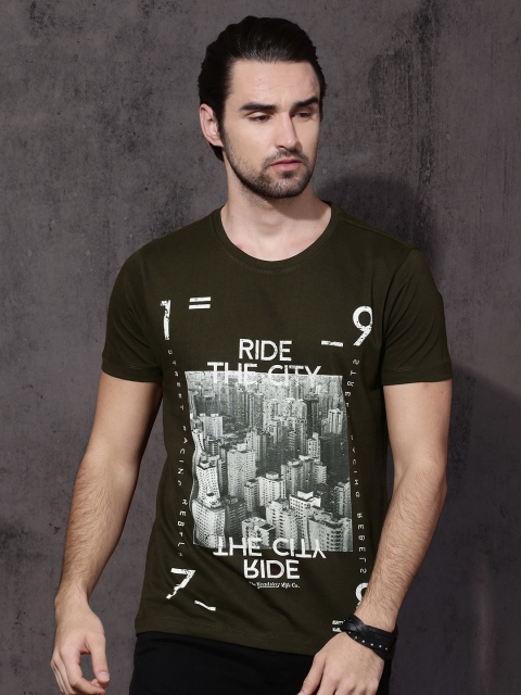 

Roadster Men Olive Green Printed Round Neck T-shirt