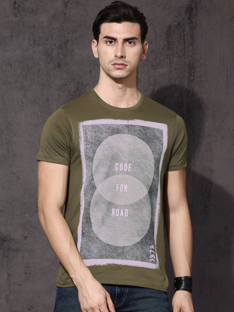 

Roadster Men Olive Green Printed Round Neck T-shirt