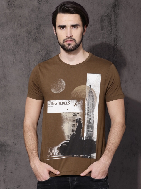 

Roadster Men Brown Printed Round Neck Pure Cotton T-shirt