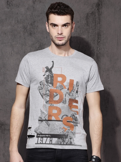 

Roadster Men Grey Melange Printed Round Neck T-Shirt