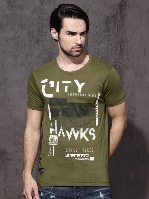 

Roadster Men Olive Green Printed Round Neck T-Shirt