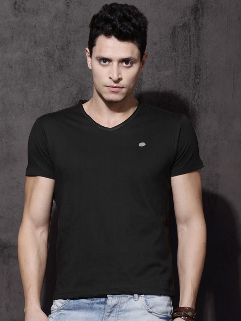 Roadster Men Black Solid V-Neck T-shirt available at myntra for Rs.199