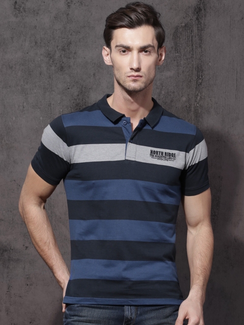 

Roadster Men Navy Blue Striped Polo Collar T-shirt