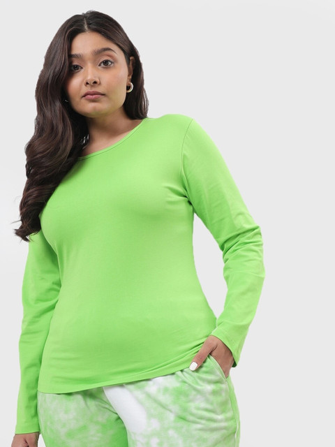 

Bewakoof Women Plus Size Green Solid Round Neck Regular Fit Cotton T-shirt