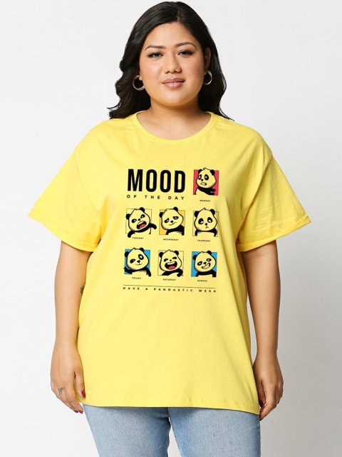 

Bewakoof Women Plus Size Yellow Typography Printed Cotton T-shirt