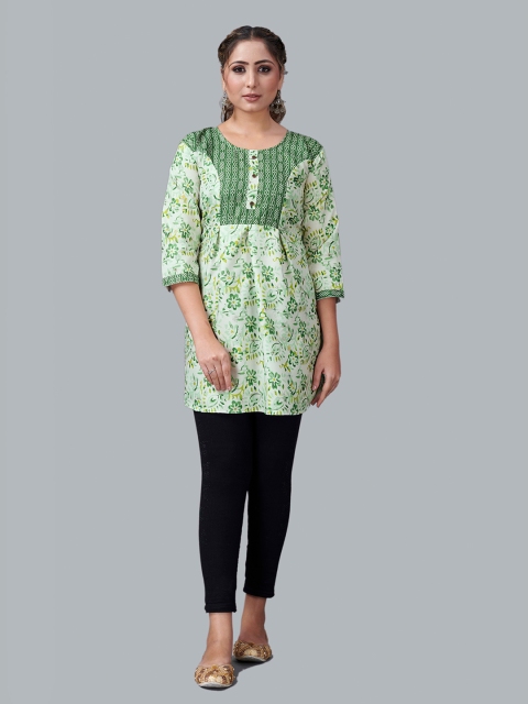 

Fashion FRICKS Women Green Floral Print Yoke Design Art Silk Kurti