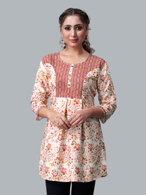 

Fashion FRICKS Women Brown And Peach Floral Print Yoke Design Art Silk Kurti