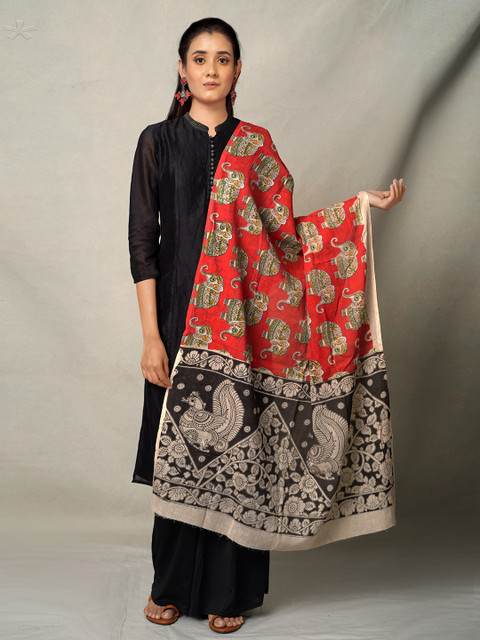 

Unnati Silks Red & Black Ethnic Motifs Printed Pure Cotton Kalamkari Dupatta