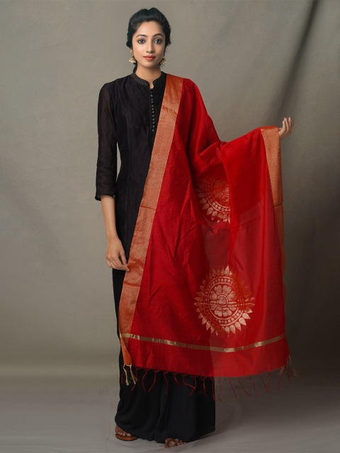 

Unnati Silks Red & Gold-Toned Ethnic Motifs Woven Design Cotton Silk Dupatta with Zari