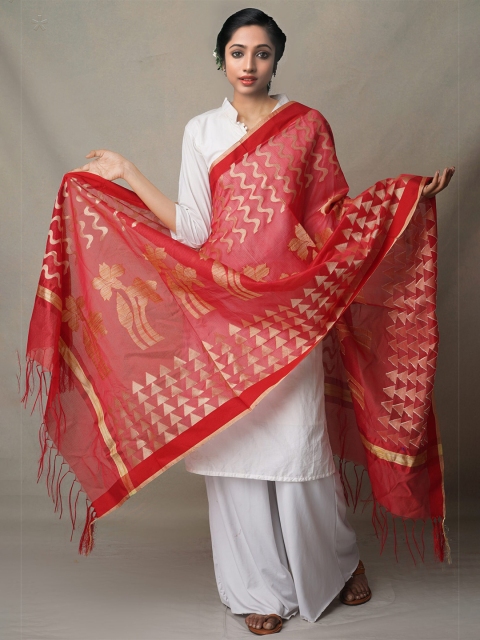 

Unnati Silks Red & Beige Ethnic Motifs Woven Design Cotton Silk Dupatta with Zari