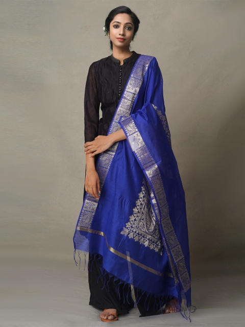 

Unnati Silks Blue & Silver-Toned Ethnic Motifs Woven Design Cotton Silk Tie and Dye Dupatta