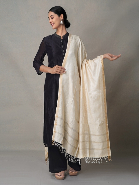

Unnati Silks Cream-Coloured & Gold-Toned Woven Design Tie and Dye Dupatta