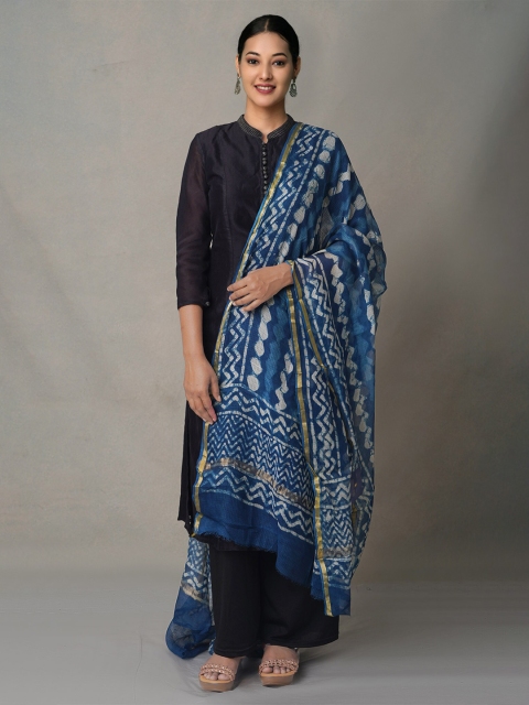 

Unnati Silks Navy Blue & White Ethnic Motifs Printed Pure Cotton Batik Dupatta