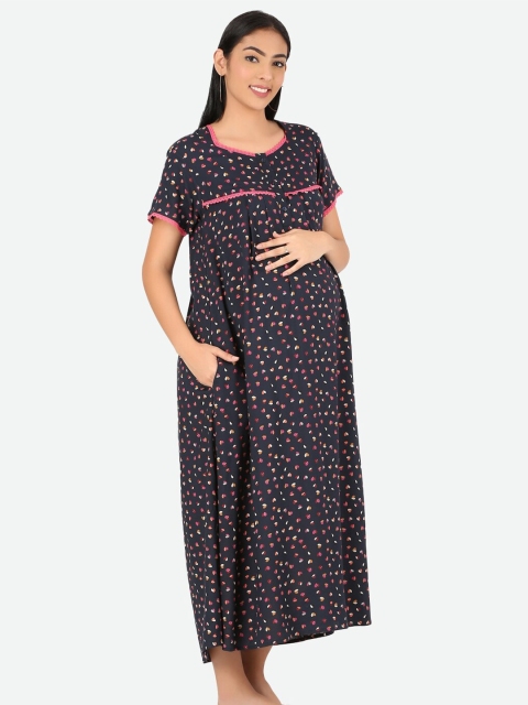 

MYLO ESSENTIALS Navy Blue Printed Maxi Nightdress