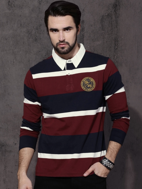 

Roadster Men Maroon & Navy Striped Polo T-Shirt