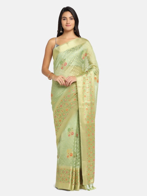 

BOMBAY SELECTIONS Green & Gold-Toned Floral Zari Organza Banarasi Saree