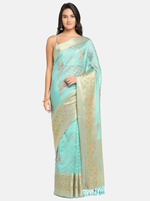 

BOMBAY SELECTIONS Sea Green & Red Floral Zari Organza Banarasi Saree