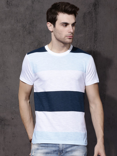 

Roadster Men White & Blue Colourblocked Round Neck T-shirt
