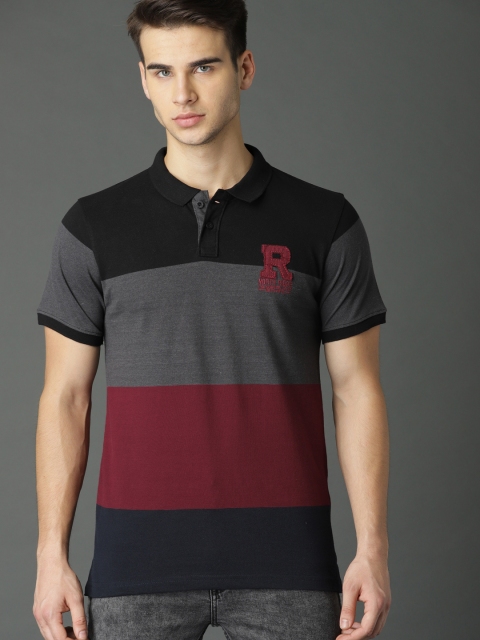 

Roadster Men Charcoal Grey & Maroon Colourblocked Polo T-shirt