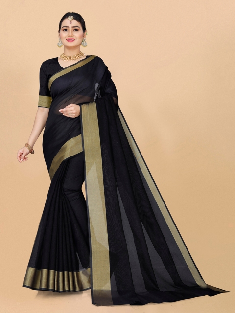 

Indian Fashionista Black & Gold-Toned Zari Silk Cotton Chettinad Saree