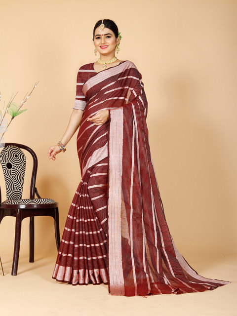 

Indian Fashionista Red & Silver-Toned Striped Zari Silk Cotton Saree