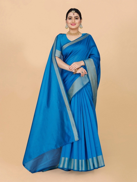 

Indian Fashionista Turquoise Blue & Gold-Toned Zari Silk Cotton Chettinad Saree