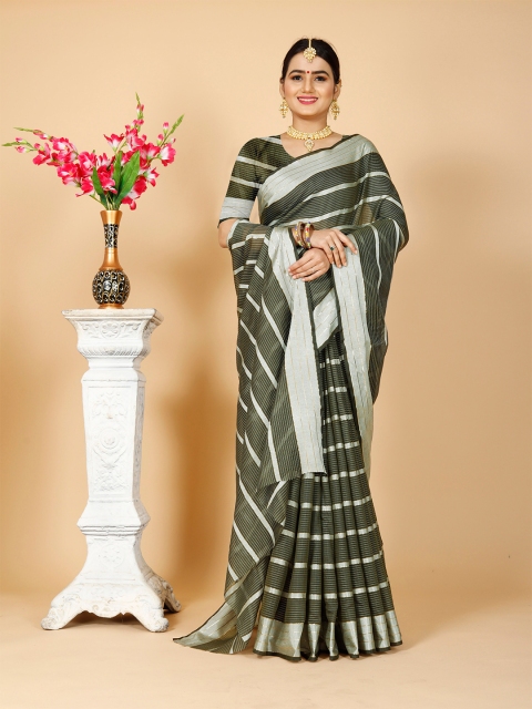 

Indian Fashionista Green And Silver Toned Striped Zari Border Khadi Saree