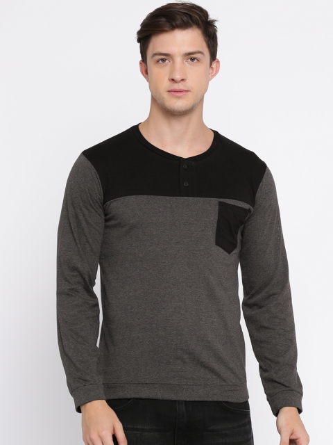 

Roadster Men Charcoal Grey Colourblocked Henley Neck T-shirt