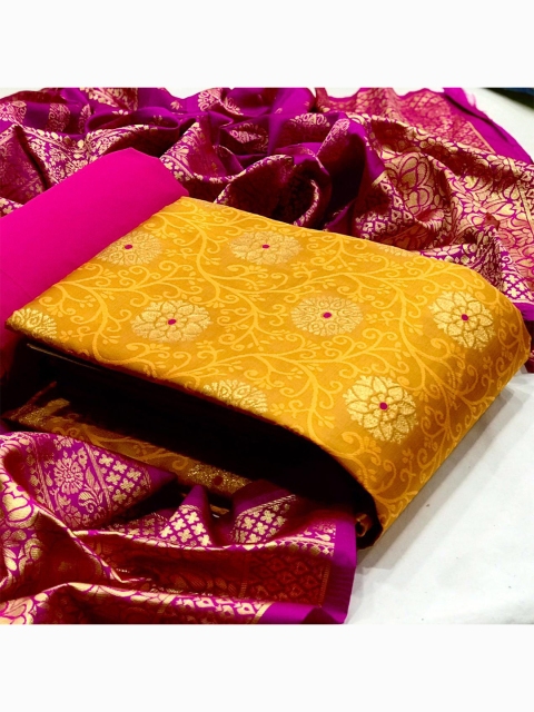

MORLY Yellow & Pink Dupion Silk Unstitched Dress Material