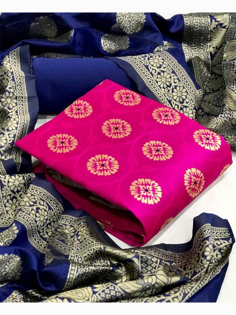 

MORLY Pink & Blue Dupion Silk Unstitched Dress Material