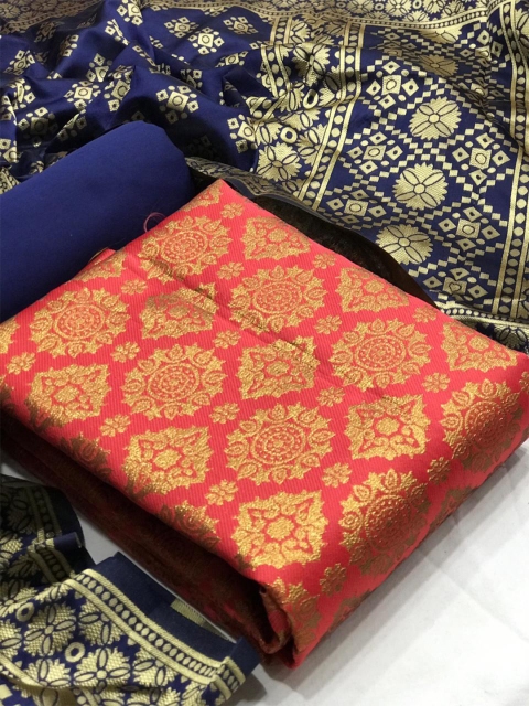 

MORLY Women Pink & Blue Woven Design Dupion Silk Unstitched Dress Material