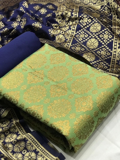 

MORLY Green & Blue Dupion Silk Unstitched Dress Material