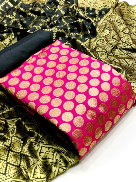 

MORLY Pink & Black Dupion Silk Unstitched Dress Material