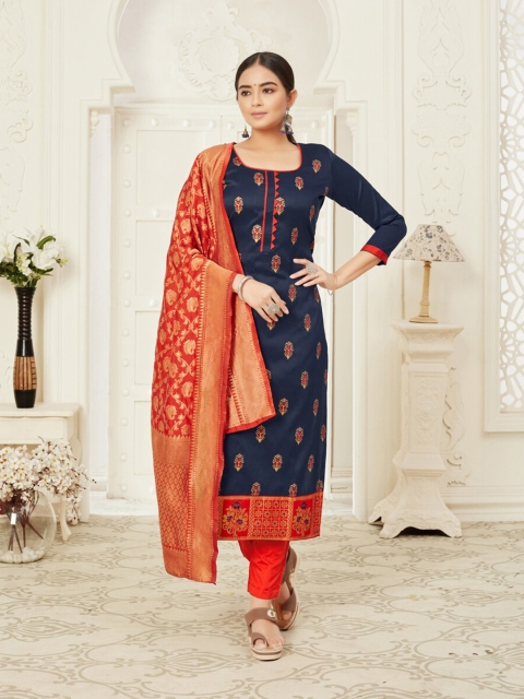 

MORLY Women Blue & Red Dupion Silk Unstitched Dress Material