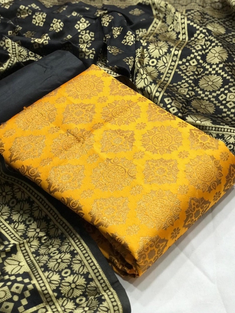 

MORLY Yellow & Black Dupion Silk Unstitched Dress Material