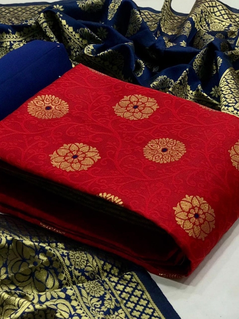 

MORLY Red & Blue Dupion Silk Unstitched Dress Material