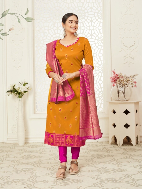 

MORLY Yellow & Pink Banarasi Jacquard Unstitched Dress Material