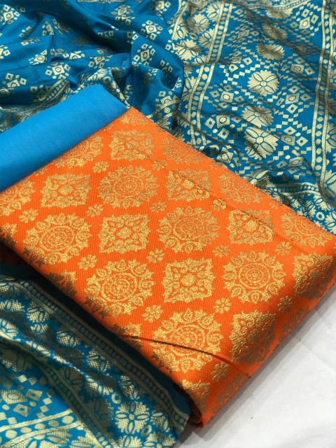 

MORLY Women Orange & Blue Dupion Silk Unstitched Dress Material