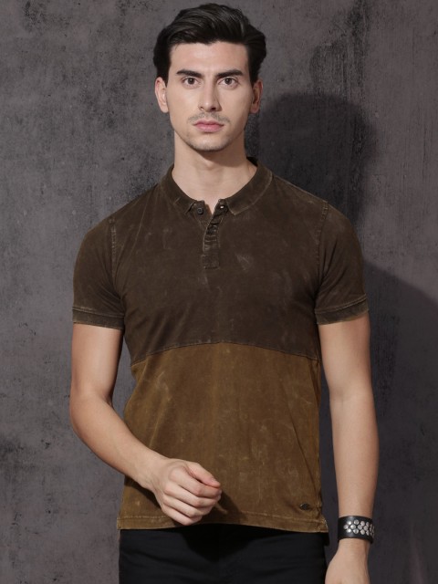 

Roadster Men Coffee Brown Polo Collar Colourblocked Washed T-shirt