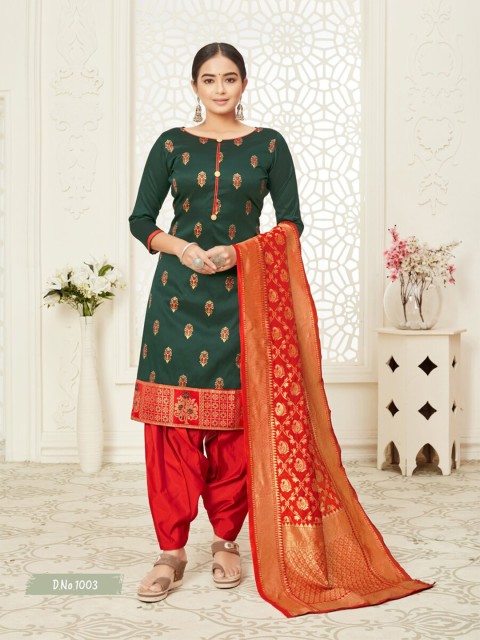

MORLY Women Green & Red Dupion Silk Unstitched Dress Material