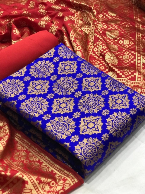 

MORLY Women Blue & Red Woven Design Dupion Silk Unstitched Dress Material
