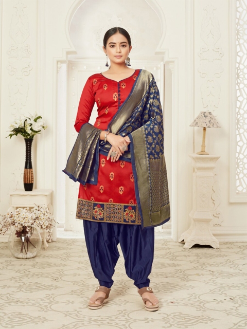 

MORLY Red & Blue Dupion Silk Unstitched Dress Material