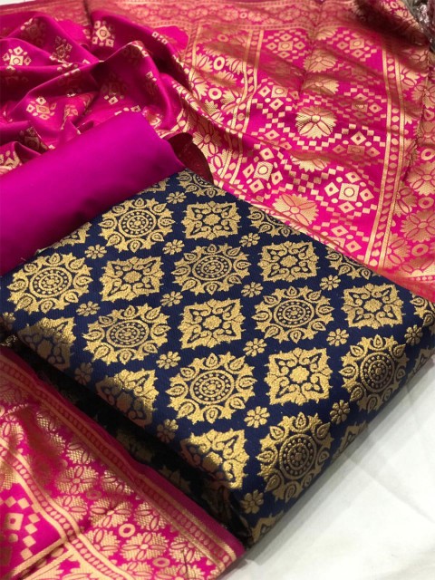 

MORLY Women Navy Blue & Pink Dupion Silk Unstitched Dress Material