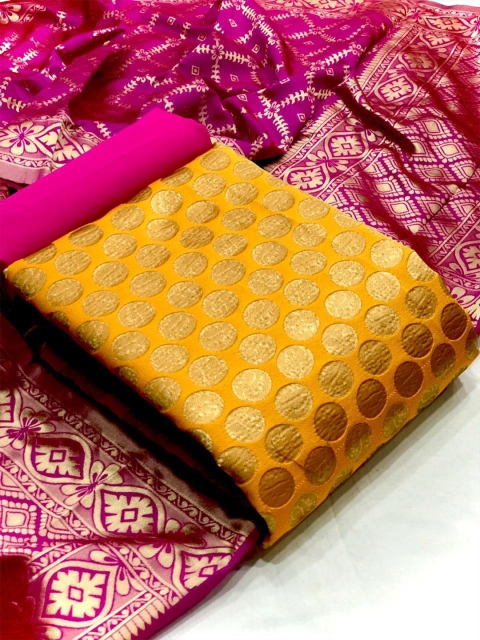 

MORLY Yellow & Pink Dupion Silk Unstitched Dress Material